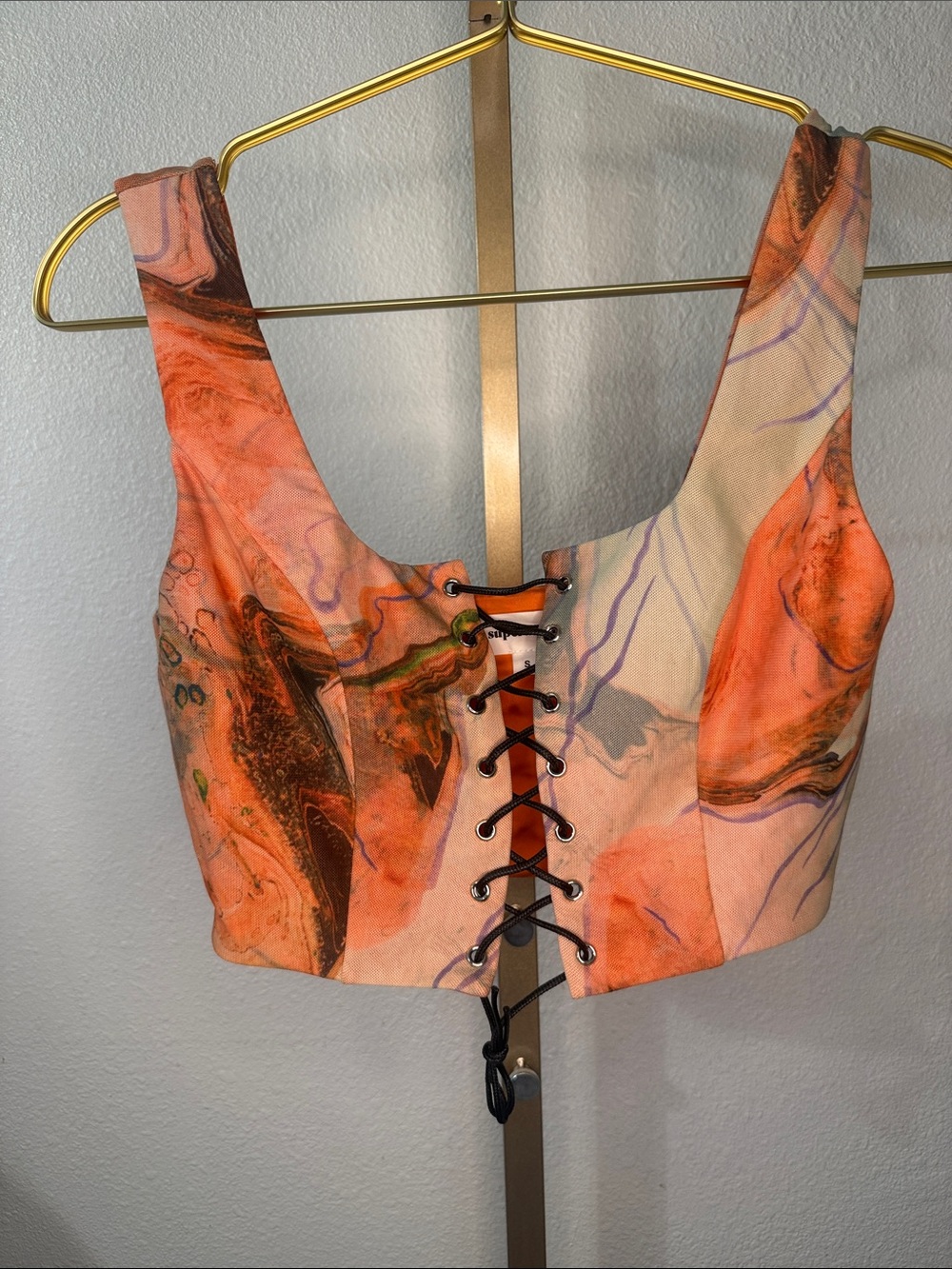 superdown Orange Marble Lace-Up Crop Top